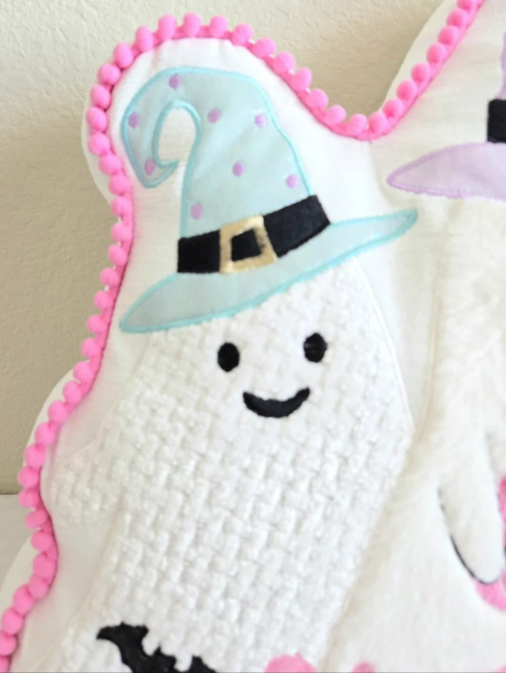 Halloween Decor Pillow SPOOKY Wizard Ghosts Pink Pom Pom Trim